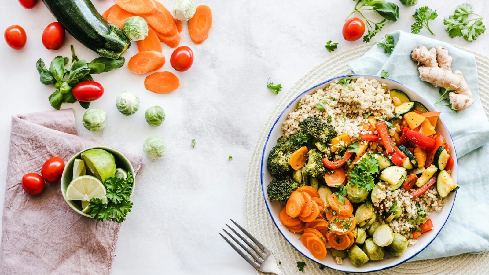 The Importance of Eating a Healthy Balanced Meal Colorful quinoa salad with fresh vegetables creates a healthy, balanced meal.